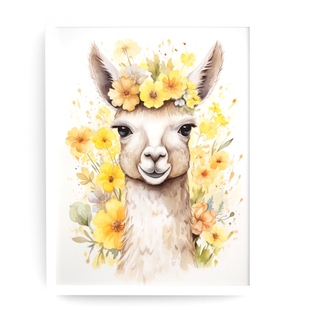 Watercolor Cute Floral Llama Wall Art Illustration Print Poster Card Unframed